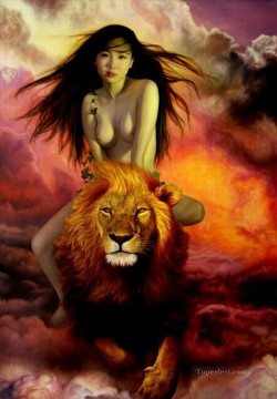 Riding Lion under Red Clouds Chinese Girl Nude Oil Paintings